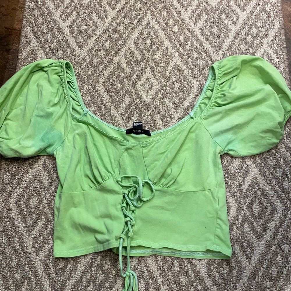 Green Lace up Peasant Top
